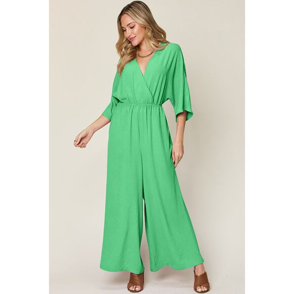 DOUBLE TAKE Plus Green Surplice Wide Leg Jumpsuit with Pockets NEW 2XL 3XL - Picture 1 of 7